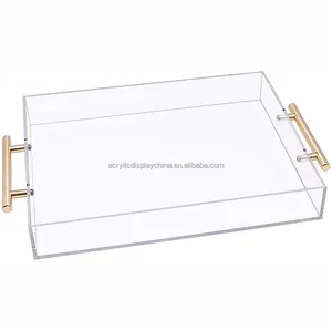 Factory Customization Clear Acrylic Serving Tray With Gold Metal Handles Ottoman Tray