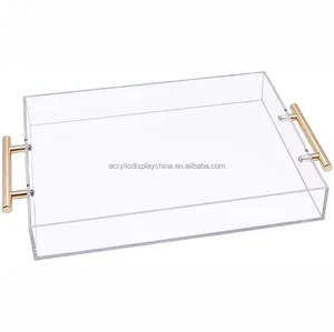 Factory customization Clear Acrylic Serving Tray with Gold Metal Handles Ottoman Tray