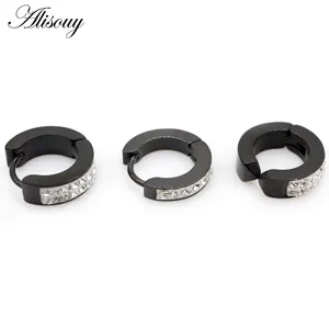 Alisouy 2PC Cute Crystal Zircon Small Circle Round Hoop Earrings For Women Men Stainless Steel Ear Cuff Brincos Huggie Jewelry