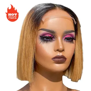 Wholesale Raw Virgin Indian 100% Human Hair Vendors Women Transparent Ombre Color 1B 27 Straight 4X4 Lace Closure Bob Wigs