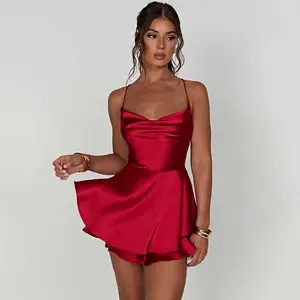 Gaun Mini wanita musim panas manis Satin merah pakaian korset bertali cantik wanita pendek seksi gaun Mini klub pesta