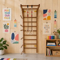 Structure d'escalade murale en bois pour enfants avec échelle en corde et anneaux - Gymnase mural 3-en-1 pour la maison, la maternelle et la crèche