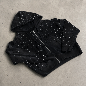 Sudadera con capucha negra con cremallera para hombre, de algodón French Terry, corte holgado, con efecto desgastado y pedrería descolorida, compatible con OEM ODM - Product Image 1