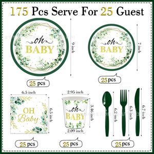 Juego de Vajilla Desechable Oh Baby con Diseño de Hojas de Eucalipto, Kit de Artículos para Fiestas, Platos, Vasos, Servilletas, Cubiertos - Product Image 2