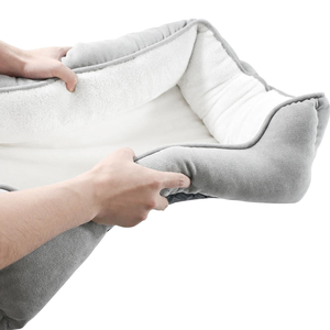Lit pour chien de luxe personnalisé en tissu de velours côtelé gris, rembourré et épais, avec bords surélevés, housse amovible et lavable - Product Image 2
