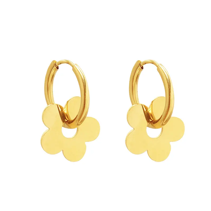 Delicate Flower Pendant Gold Stainless Steel Huggie Hoop Earrings for Women