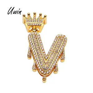 Trendy Iced Out Vương Miện Thư Nước Nhỏ Giọt Mặt Dây Chuyền Vàng Chuỗi Vòng Cổ Nam Hiphop Charm Jewelry Quà Tặng Bán Buôn