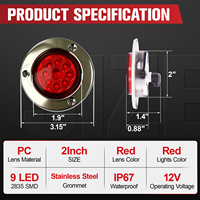 Feu de position latéral rouge de 2 pouces à 9 LED avec abat-jour de type lentille et anneaux en acier inoxydable pour camion, remorque, camping-car, étanche IP67, 12V