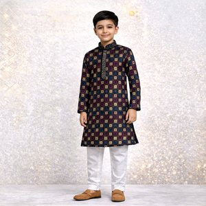 Ensemble Kurta Pyjama en Rayonne à Paillettes pour Garçons, Multicolore Violet et Doré à Carreaux, Tenue Ethnique Festive pour Mariage, Vêtements Indiens pour Enfants de 0 à 14 Ans - Product Image 1