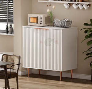 Buffet de rangement blanc rainuré avec étagères réglables, meuble de rangement en bois, pieds en métal doré, montage facile - Product Image 2