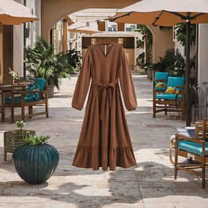 Vestido Maxi Informal para Mujer, Color Marrón, Cuello en V, Manga Larga, Lazos, Transpirable, Tejido Natural, Cintura Ajustada, Talla XS, para Primavera, Verano, Otoño, Color Sólido - Product Image 2