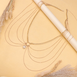 Cadena corporal geométrica de varias capas con diamantes de imitación para mujer, joyería de fiesta, aleación de zinc, color oro champán - Product Image 3