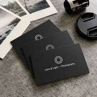 Cartes de visite professionnelles personnalisées en noir mat, minimalistes avec texte blanc et icône d'ouverture d'objectif pour photographe
