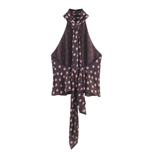 En stock: Blusa casual de verano para mujer, estilo halter de satén con cuello pequeño, sin espalda, con estampado de lunares, sexy y cómoda para el día a día. - Product Image 5
