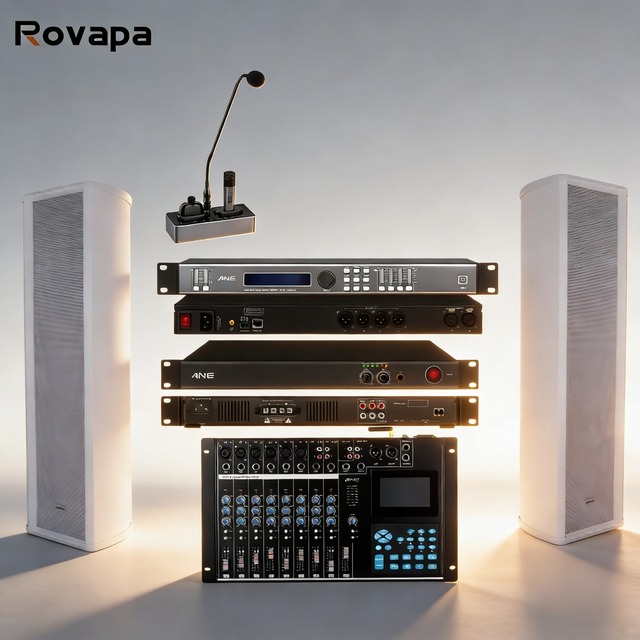 Easy-Install Audio System | 8-Channel Mixer, Power Amplifier Column Speakers Gooseneck Mic for Classroom Restaurant Retail Store