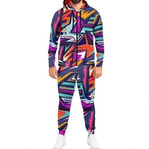 Men's Geometric Print Tracksuit <b>Hooded</b> Full <b>Zip</b> Sweatshirt and Pants Set Streetwear Autumn Breathable Polyester Jogger Outfit - Product Image 1
