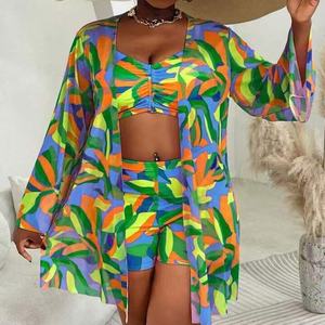 Two Colors Print Plus Size Swimwear Women 3Pieces Swimsuit Boyleg Short Bikini and <strong>Kimono</strong> Set Cover Ups L-4XL - Product Image 4