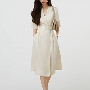 OEM-vestido Midi informal de manga larga con cuello de pico, ropa sencilla de seda y lino a la <span class=keywords><strong>moda</strong></span>, <span class=keywords><strong>2022</strong></span> - Product Image 5