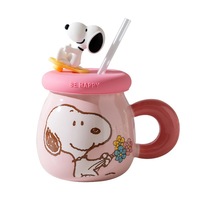 Mug à café en céramique mignon avec couvercle et paille, motif Snoopy, capacité 500 ml, idéal pour un cadeau