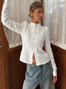 Nuova Camicia da Donna in Stile Cinese, Colletto alla Coreana con Bottoni a Rana, Manica Lunga in Lino, <span class=keywords><strong>Elegante</strong></span> <span class=keywords><strong>Top</strong></span> <span class=keywords><strong>Bianco</strong></span> Vintage per Uso Quotidiano - Product Image 3