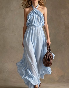 Vestido Largo Premium para Mujer, Nuevo Modelo de Verano, Elegante, con Estampado de Rayas Diagonales, Cuello Halter, Volantes, Sin Mangas, Estilo Fluido - Product Image 4