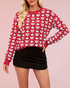 <strong>Valentine</strong> Heart Jacquard Knit Spring Front Logo Casual Long Sleeve Women's Sweater - Product Image 2