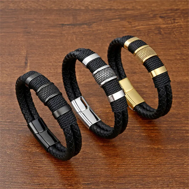 Bracelet en cuir de bonne qualité avec nom personnalisé Bracelet en acier inoxydable Bracelet en cuir noir torsadé tressé pour hommes