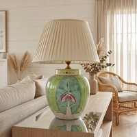 Lampe de chevet en céramique de style traditionnel, peinte à la main, écologique, verte, motif Bok Choy et papillon, en porcelaine, neuve
