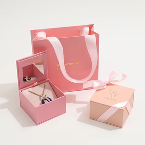 Luxury Soft Blush Pink Jewelry Gift <b>Box</b> Set Built In <b>Mirror</b> Flip Closure Satin Ribbon Bow With Matching Hand Bag Necklace - Product Image 6