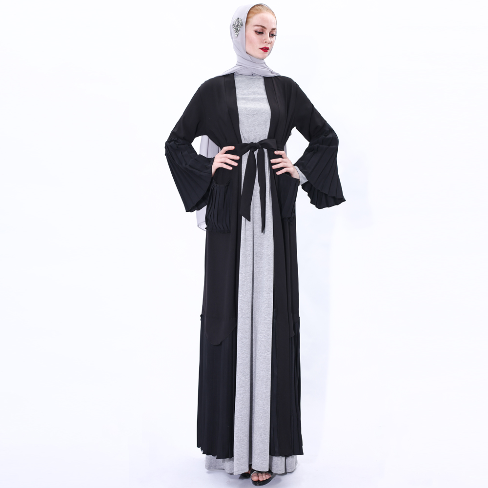 Muslim Women Abaya Dress Long Sleeve Robe Cardigan with belt Design Trumpet pleated Sleeve Lady Long Sleeve Maxi Dress 91225