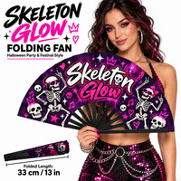 Éventails promotionnels lumineux en forme de squelette, pliables, en bois, bambou ou plastique, 33 cm (13 pouces), pour Halloween, disco, personnalisables