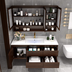 Meuble de salle de bain de style chinois moderne avec lavabo en céramique ardoise, vasque de lavage des mains et armoire miroir intelligente - Product Image 4