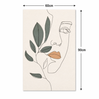 Impression sur toile en polyester minimaliste, visage de femme et feuilles botaniques, 60x90cm, sans cadre, dessin au trait, art mural pour la décoration de la maison