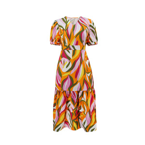 ชุดเดรสแขนสั้นคอวีผูกเอวลายพิมพ์ลำลองสำหรับวันหยุดของผู้หญิงแฟชั่น - Product Image 2