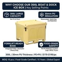 Conteneur isotherme rotomoulé 300L pour poisson, bac à poisson à double paroi en PU/PE, conteneur en plastique isolé pour fruits de mer, compatible chariot élévateur et bateau avec drain