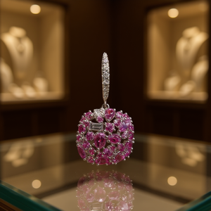 Orecchini pendenti E1584 con fiore rosso e gemma rossa taglio smeraldo con montatura a griffe per donna, stile romantico da festa, gioielli in lega - Product Image 2