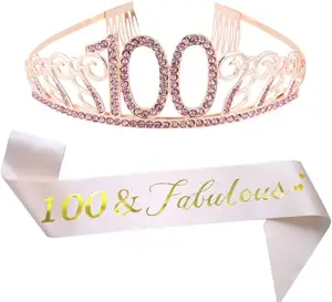 Diadème et ceinture roses pour le 100e anniversaire, ceinture en satin pailleté 100 et fabuleuse et couronne en strass de cristal pour Happy 100th Cake Topper