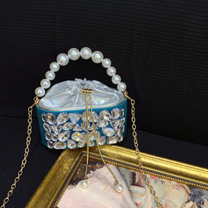 Sac à main de soirée de luxe pour femme, orné de diamants brillants, avec poignée en perles, sac à bandoulière à cordon, sac fourre-tout en velours français tendance - Product Image 5