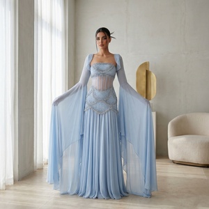 <span class=keywords><strong>Abito</strong></span> da ballo Serene Hill LA72978A in chiffon <span class=keywords><strong>blu</strong></span> con corsetto e gonna a trapezio, maniche lunghe a campana, per matrimoni e serate eleganti 2026 - Product Image 1