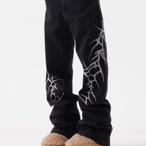 Jeans unisexe à jambe droite mi-longue, tissés, brodés, respirants, style vintage hip-hop streetwear, faible MOQ personnalisé, en denim de coton écologique - Product Image 2