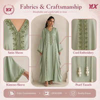 Ensemble Abaya Femme Personnalisé Noir Ouvert sur le Devant avec Bordure en Treillis Doré, Manches en Velours à Motifs Floraux et Robe Plissée Beige OEM