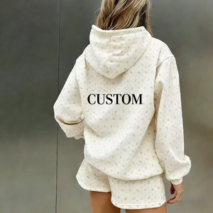 Conjunto de 2 Piezas para Mujer, Sudadera con Capucha y Pantalones Cortos, Beige, Felpa, Casual, Holgado, con Bolsillo, para Primavera/Verano - Product Image 2