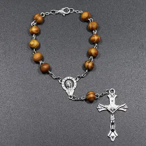 Wooden Beads Cross Catholic Rosary Bracelet Religious Long Tassel Pendant Bracelet