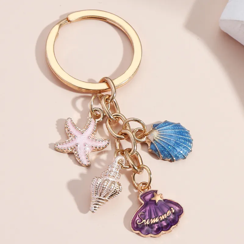 Dễ thương Keychain đầy màu sắc Sao Biển vỏ ốc xà cừ vòng chìa khóa bãi biển Móc Chìa Khóa biển quà Tặng lưu niệm cho phụ nữ cô gái DIY handmade trang sức