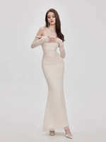 Robe longue de soirée élégante et amincissante, coupe sirène, épaules dénudées, imprimé numérique, écologique, pour l'été