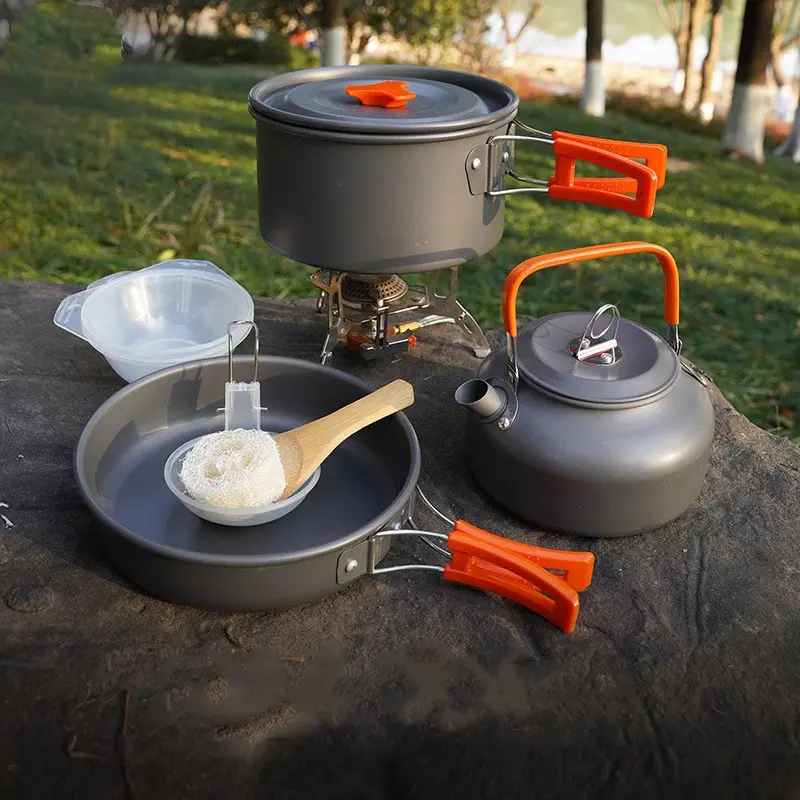 ポータブルキャンプ食器調理セット屋外調理器具パンポットボウルスプーンフォーク器具ハイキングピクニック旅行ワイルドキャンプ
