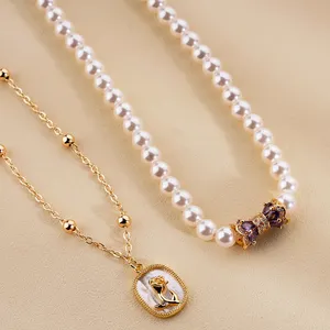 2024 Trendy Casual Copper Chain Flower Charms Imitation Pearl Fashion Jewelry Necklace Sets For Women