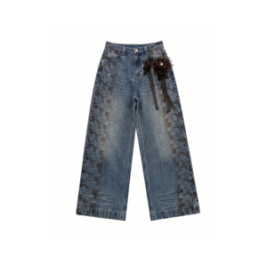 Anjie – Jeans baroque pour femme avec logo personnalisé, OEM, ODM, imprimé dentelle, corsage <span class=keywords><strong>rose</strong></span>, strass, marque privée, coupe large, denim haute couture, vente en gros - Product Image 1