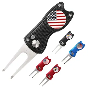 Switchblade Golf Divot Tool Stainless Steel Switchblade And Foldable Magnetic With USA Golf Ball Marker