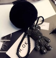 Offre Spéciale Mode De Luxe En Cuir Tressé Brin Plein Cristal Ours Pendentif Porte-clés Moelleux Pompon Porte-clés